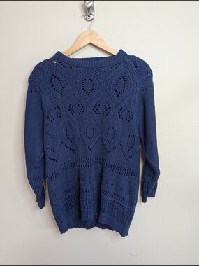 Josephine M Navy Blue 100% Silk Pointelle Cable Knit Sweater Pullover Vintage